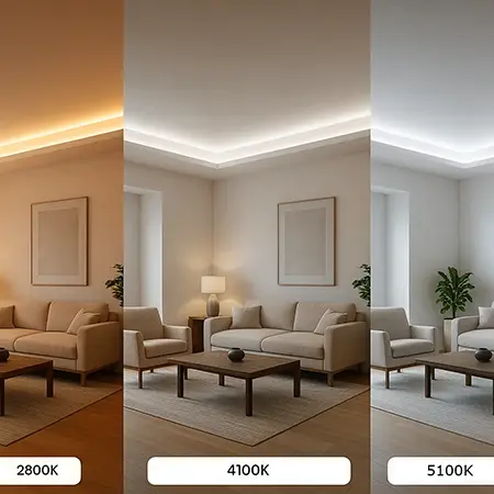 теплое, нейтральное и холодное свечение LED ленты на парящем натяжном потолке
